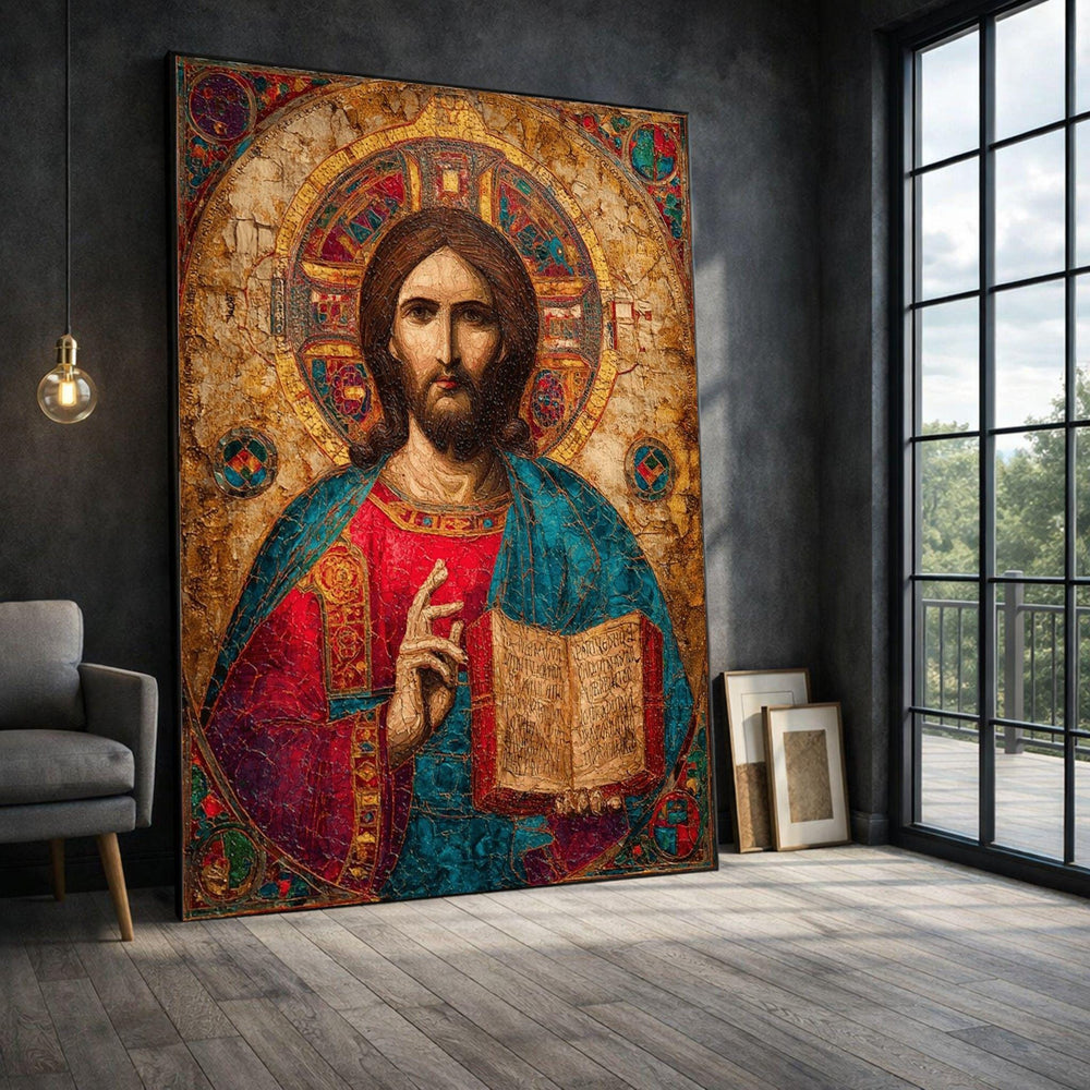 Byzantine Jesus Framed Wall Art, Vintage Religious Icon Canvas Print, Orthodox Christian Decor