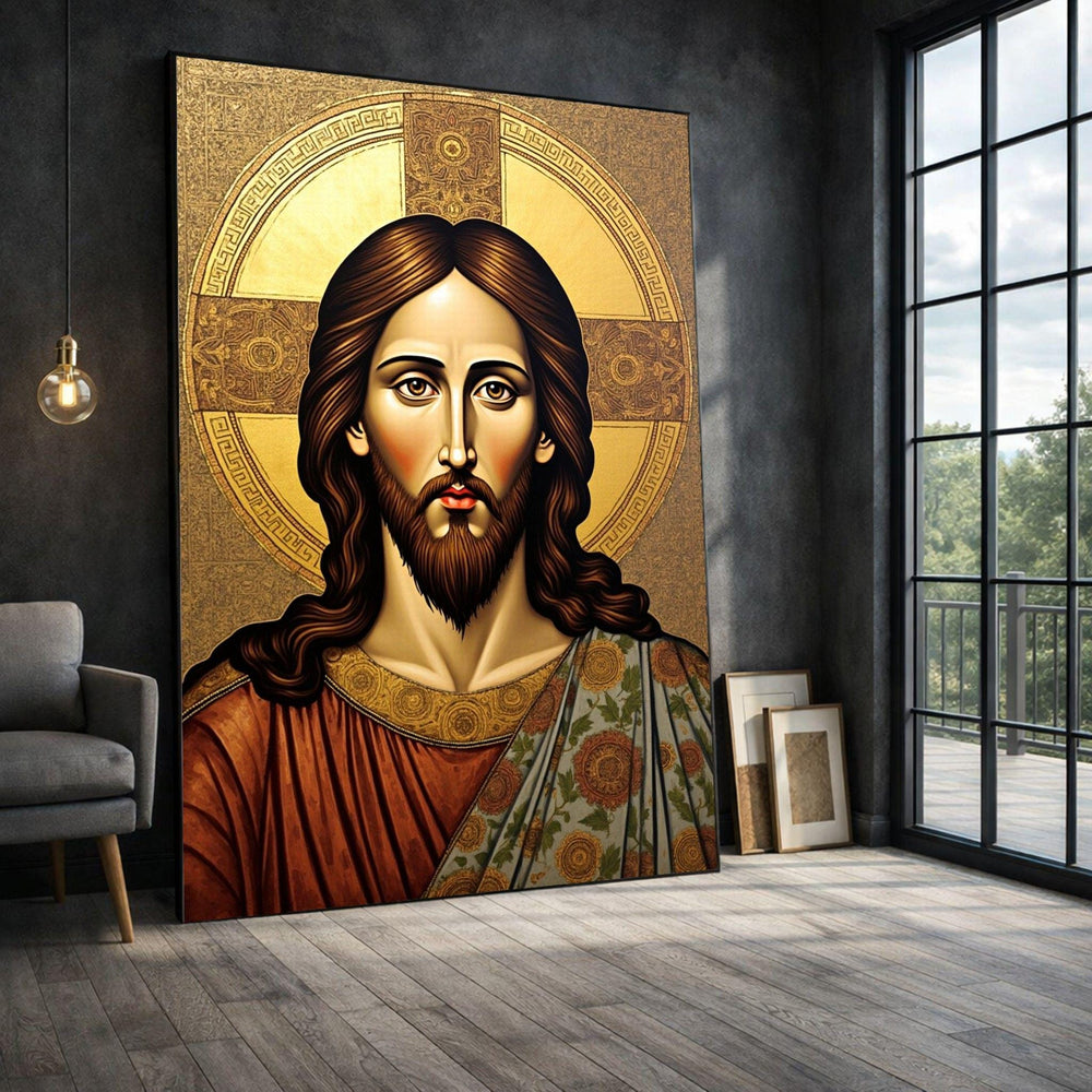 Byzantine Jesus Framed Wall Art, Gold Halo Icon Canvas Print, Christian Living Room Decor