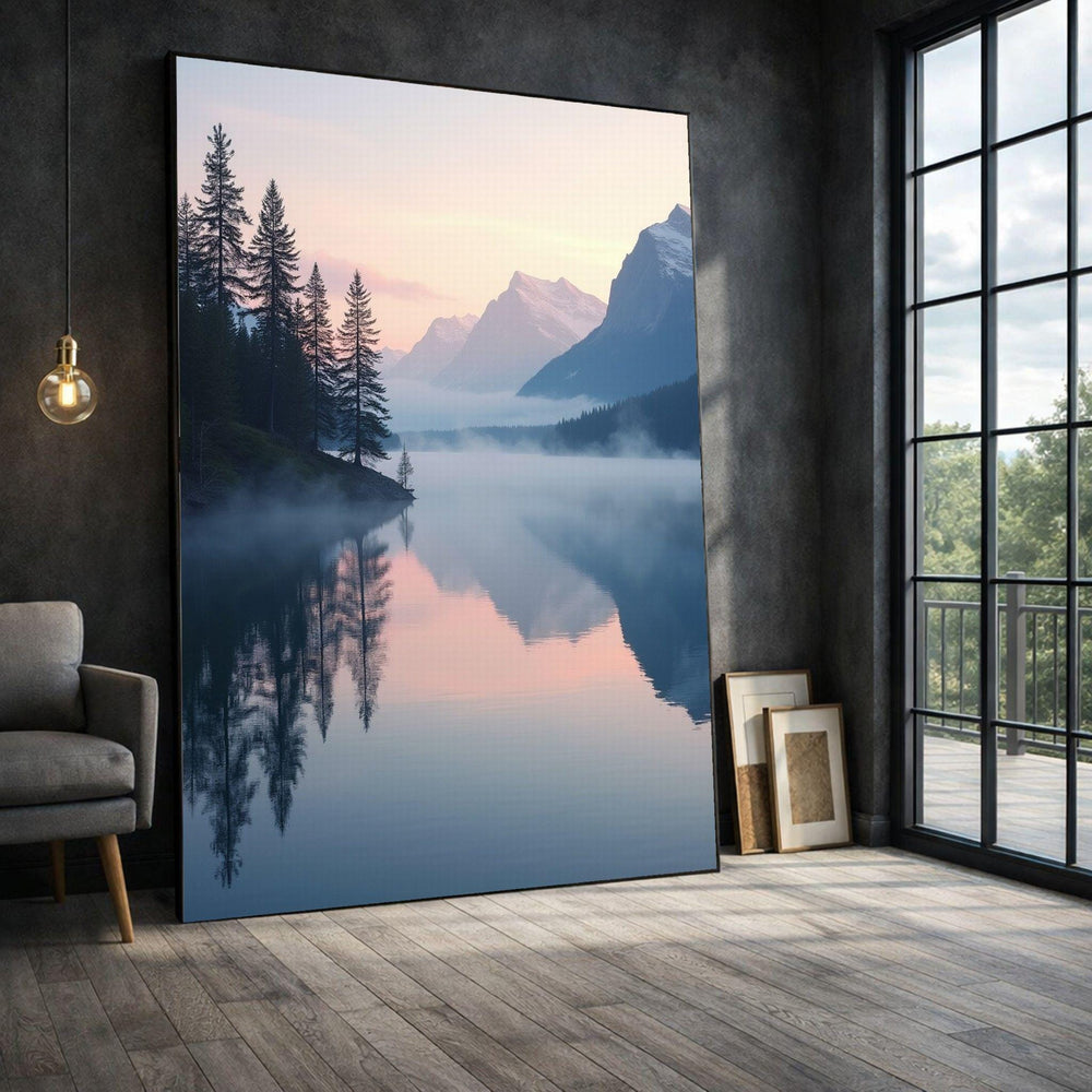 Mountain Lake Reflection Framed Wall Art, Misty Dawn Canvas Print, Nature Living Room Decor