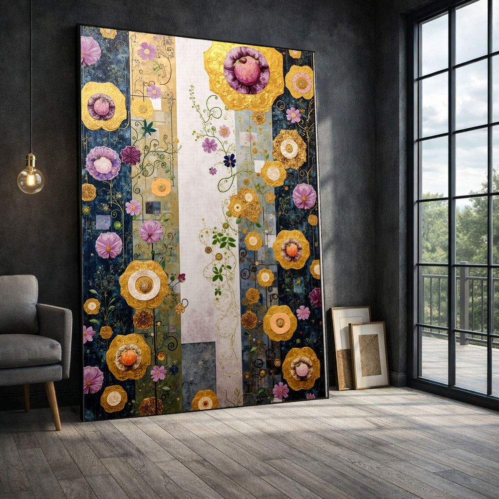 Gustav Klimt Inspired Floral Framed Wall Art, Golden Botanical Canvas Print, Art Nouveau Living Room Decor