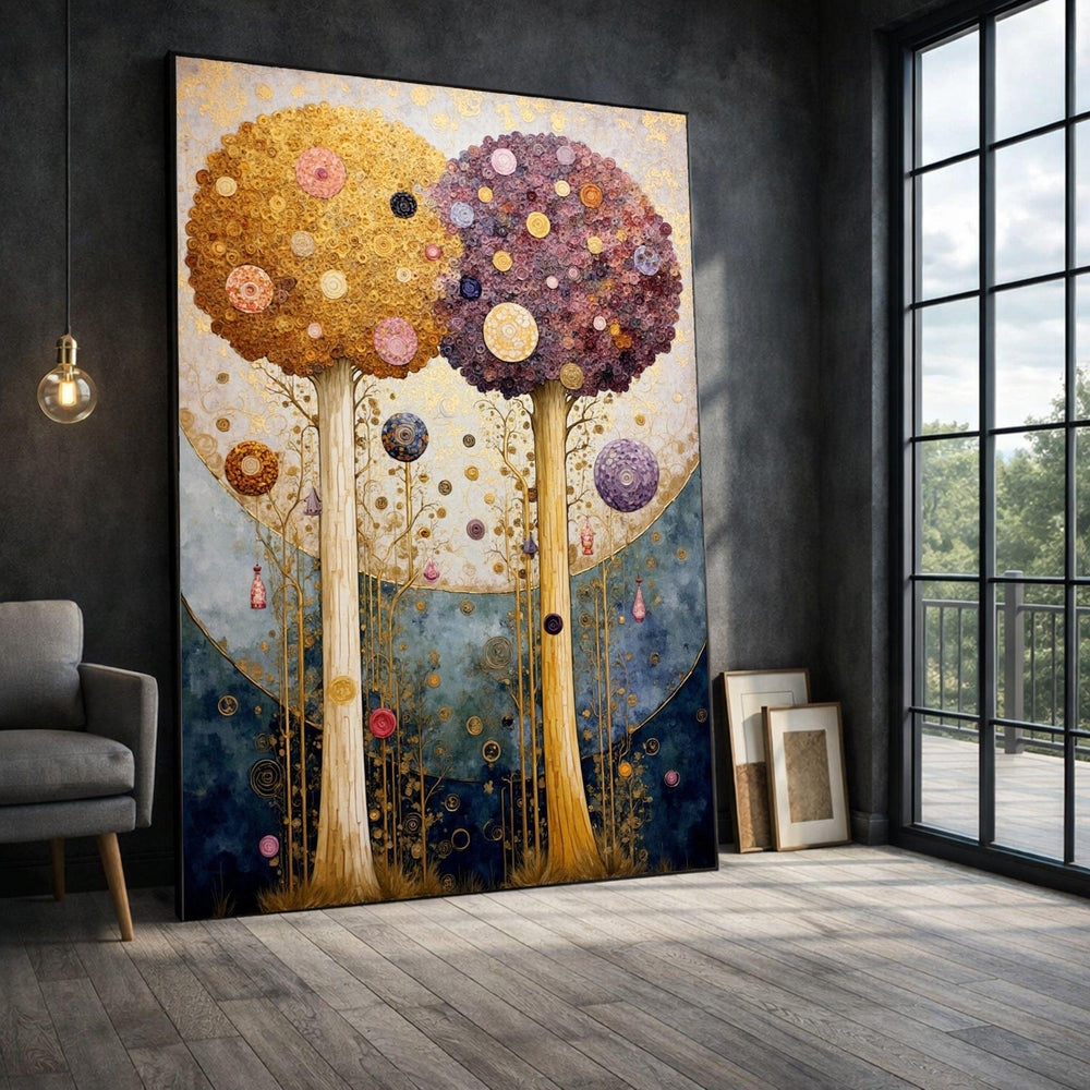 Klimt Inspired Golden Tree Framed Wall Art, Abstract Nature Canvas Print, Living Room Decor