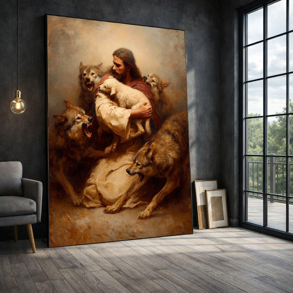 Religious Jesus Framed Wall Art, Shepherd and Wolves Canvas Print, Christian Living Room Decor