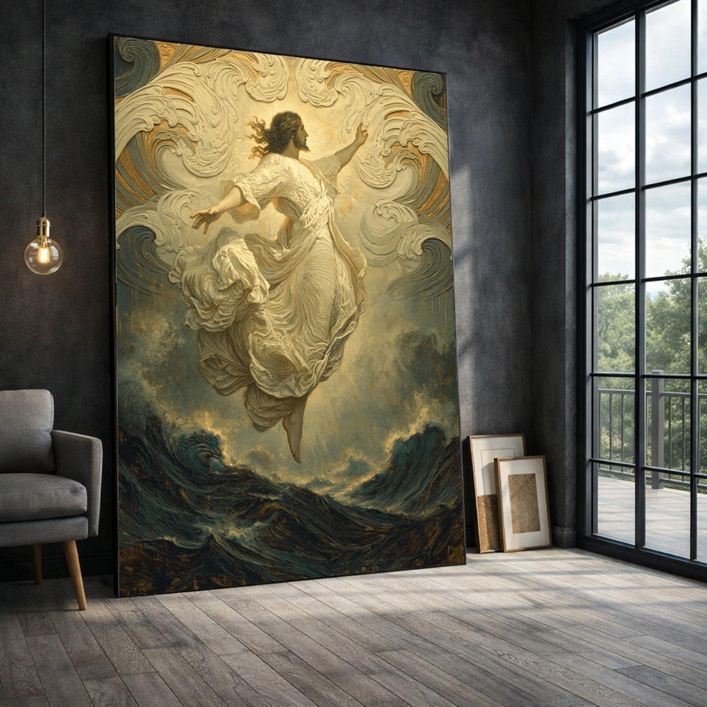 Angelic Figure Framed Wall Art, Ethereal Ocean Waves Canvas Print, Mystical Living Room Decor