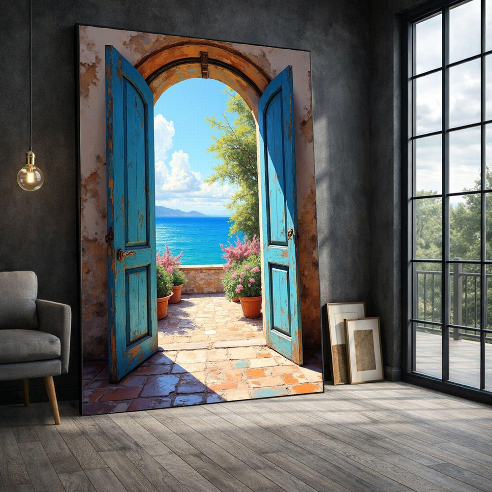 Mediterranean Coastal Doorway Framed Wall Art, Blue Ocean View Canvas Print, Rustic Living Room Decor