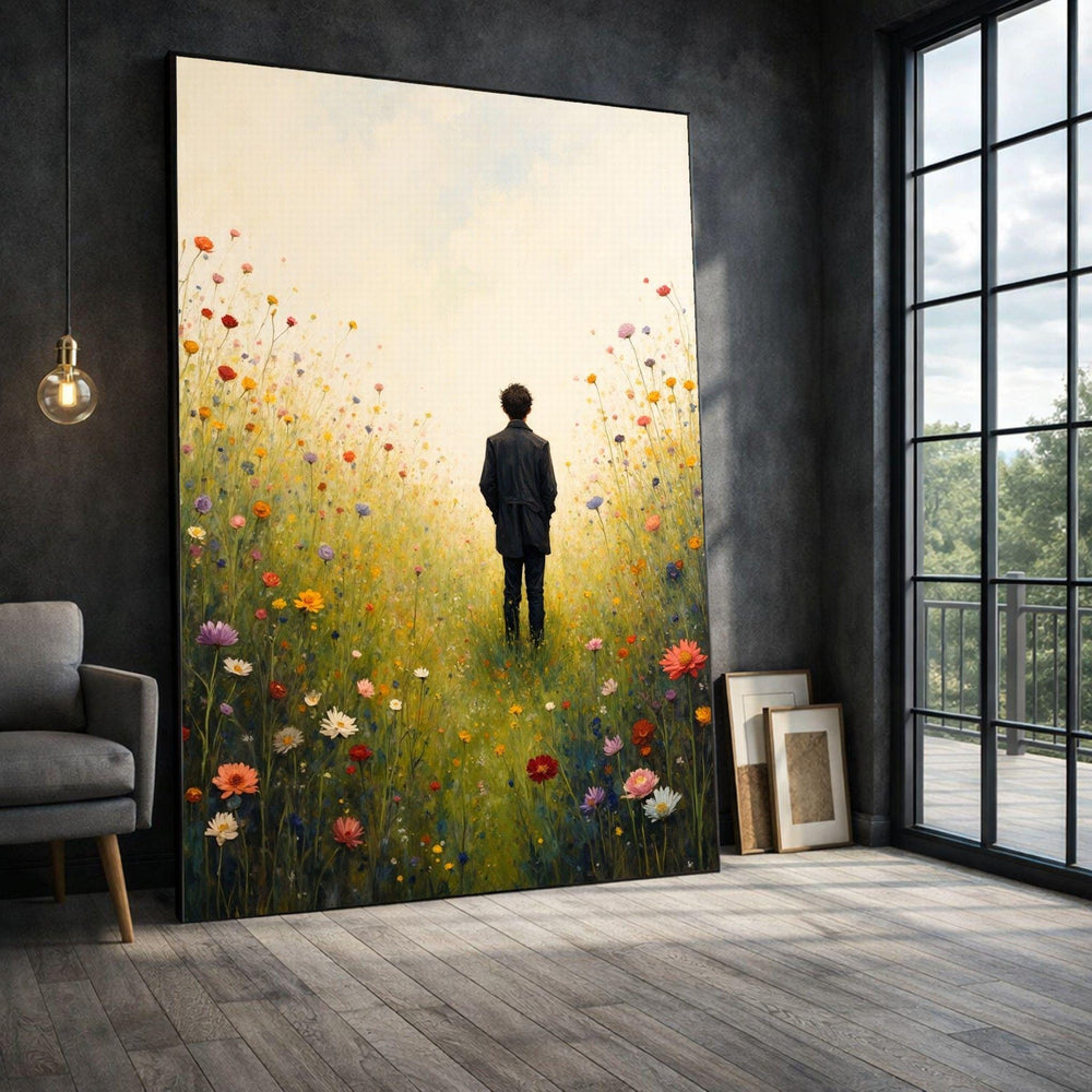 Solitary Man in Wildflower Field Framed Wall Art, Vibrant Meadow Canvas Print, Living Room Decor