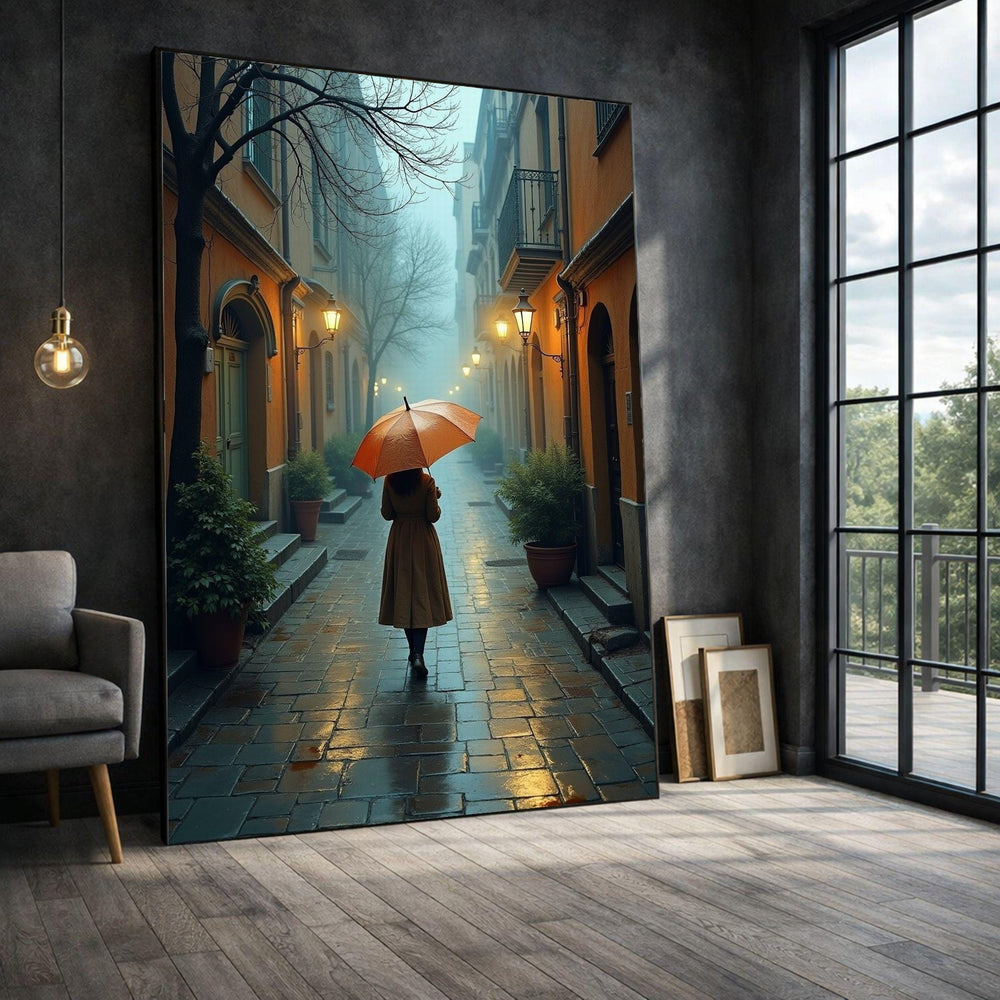 Mediterranean Alleyway Framed Wall Art, Orange Umbrella Stroll Canvas Print, Vintage Urban Living