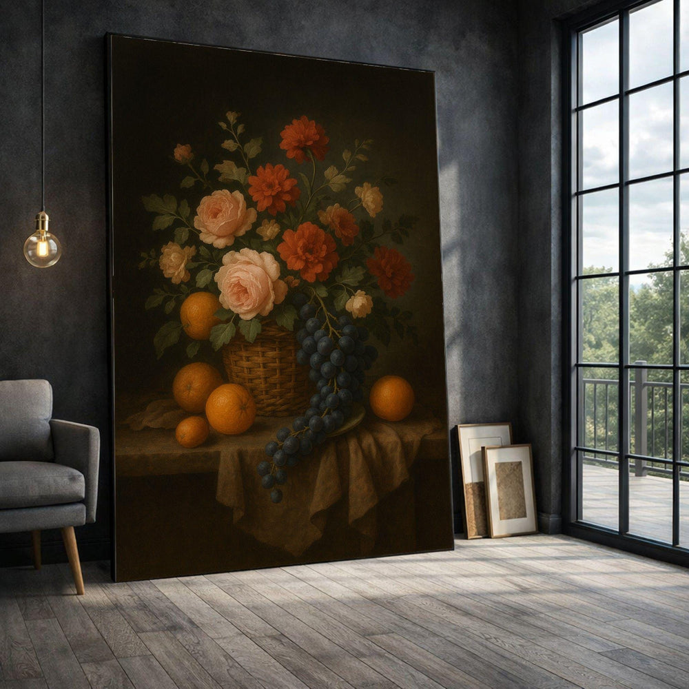 Vintage Floral Still Life Framed Wall Art, Dark Botanical Canvas Print, Classic Living Room Decor