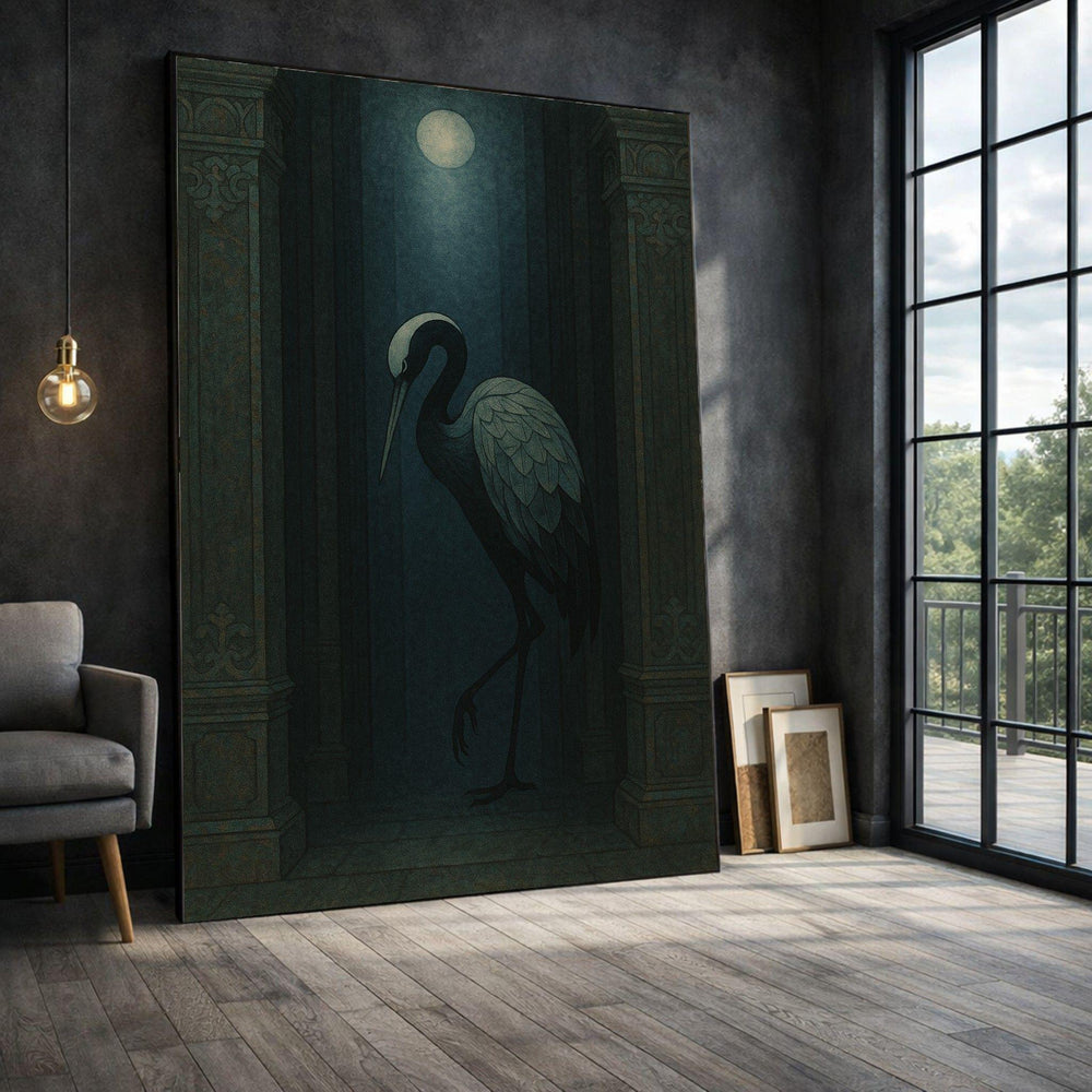 Crane Moonlight Framed Wall Art, Dark Gothic Canvas Print, Mysterious Living Room Decor