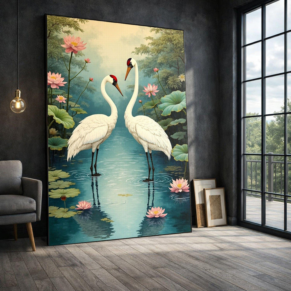 Japanese Crane Framed Wall Art, Lotus Pond Reflection Canvas Print, Asian Inspired Living