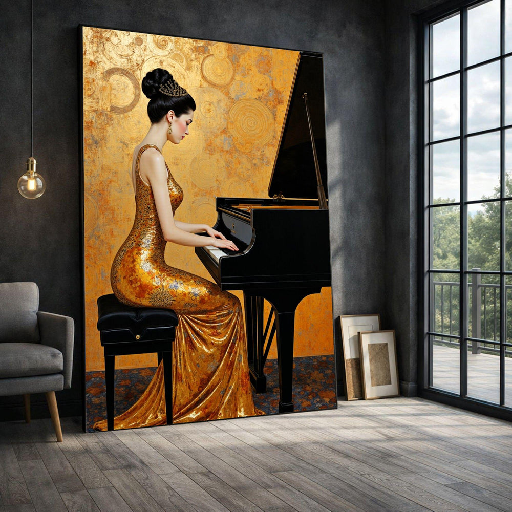 Pianist Framed Wall Art, Golden Dress Framed Wall Art, Glamorous Living Room Decor, Modern Art Canvas Print, Modern Living Room Wall Decor