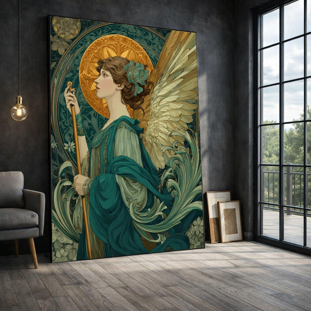 Art Nouveau Angel Framed Wall Art, Teal Gold Halo Canvas Print, Vintage Living Room Decor
