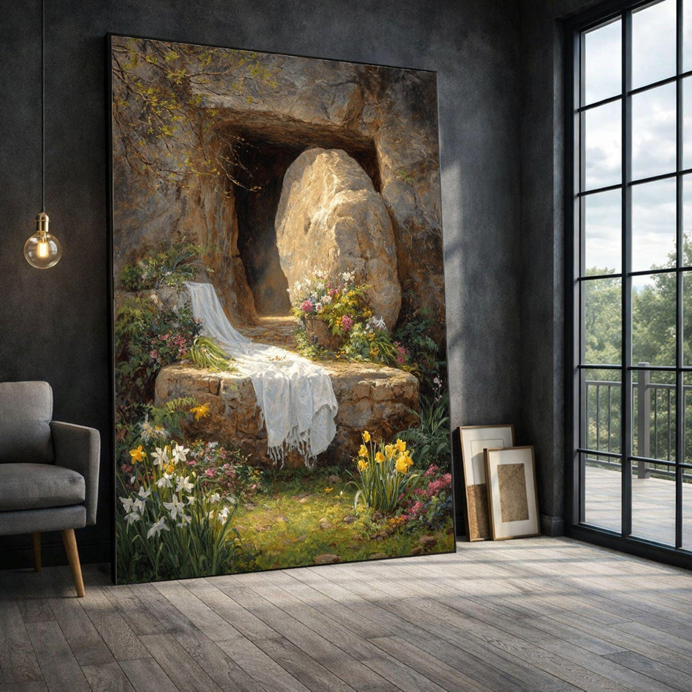 Garden Tomb Framed Wall Art, Floral Stone Canvas Print, Rustic Living Room Decor