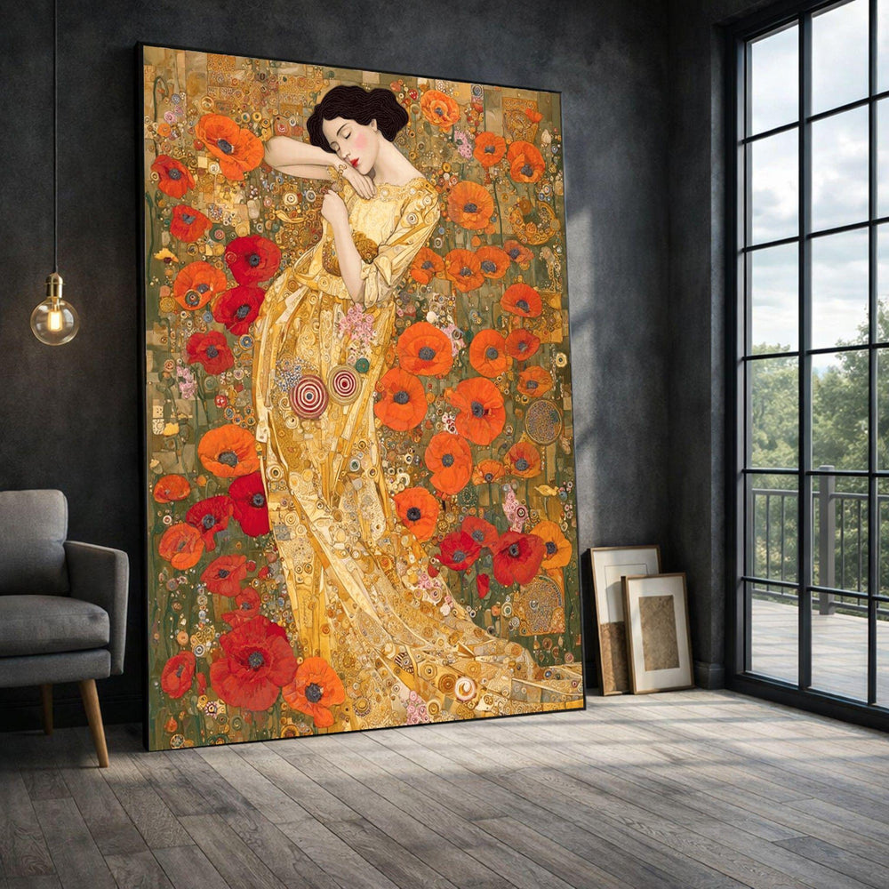 Gustav Klimt Golden Dream Framed Wall Art, Floral Poppy Canvas Print, Art Nouveau Living