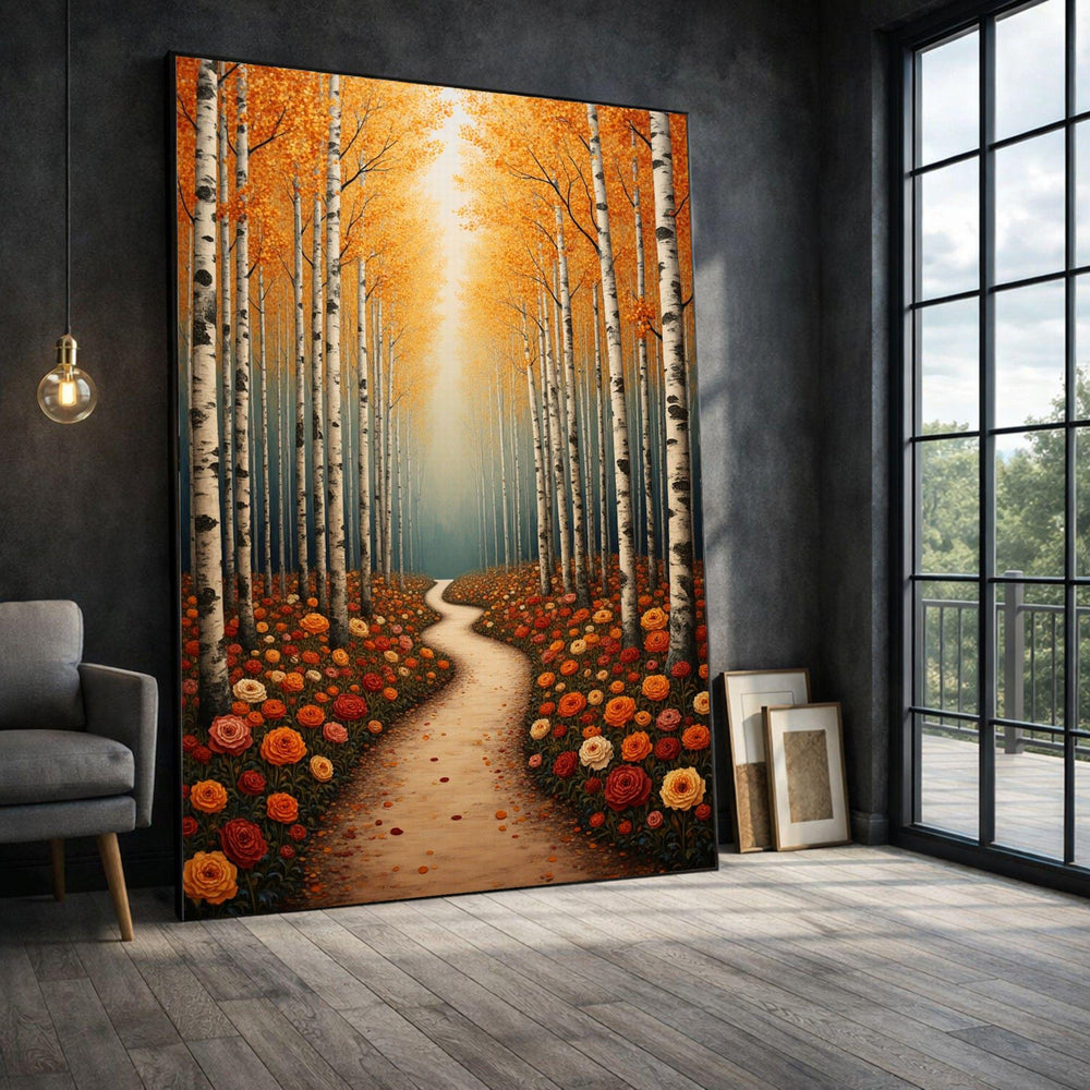 Aspen Forest Path Framed Wall Art, Autumn Birch Canvas Print, Nature Living Room Decor