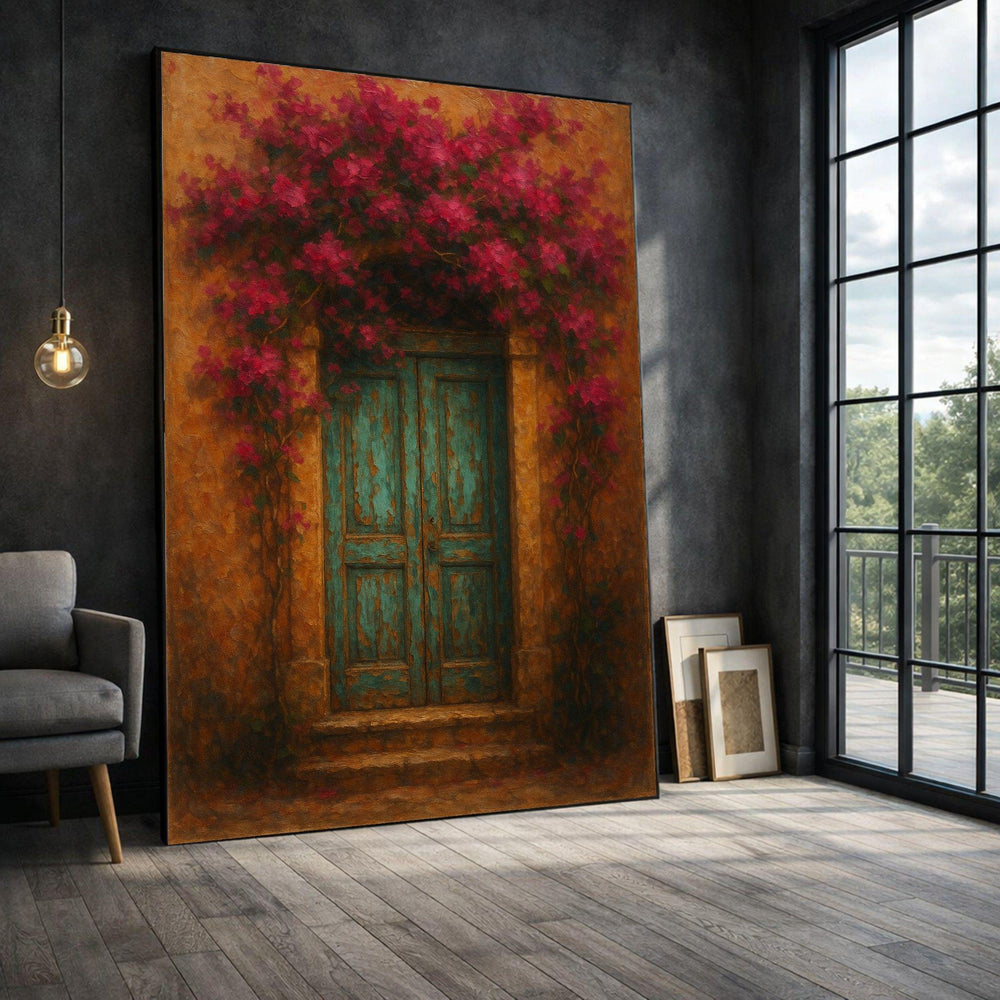 Mediterranean Doorway Framed Wall Art, Bougainvillea Archway Canvas Print, Rustic Living Room Decor