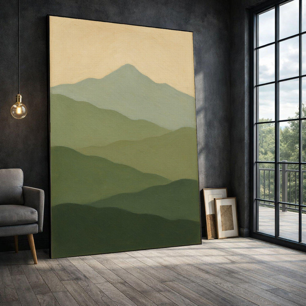 Green Mountain Landscape Framed Wall Art, Earthy Tones Canvas Print, Nature Living Room Decor