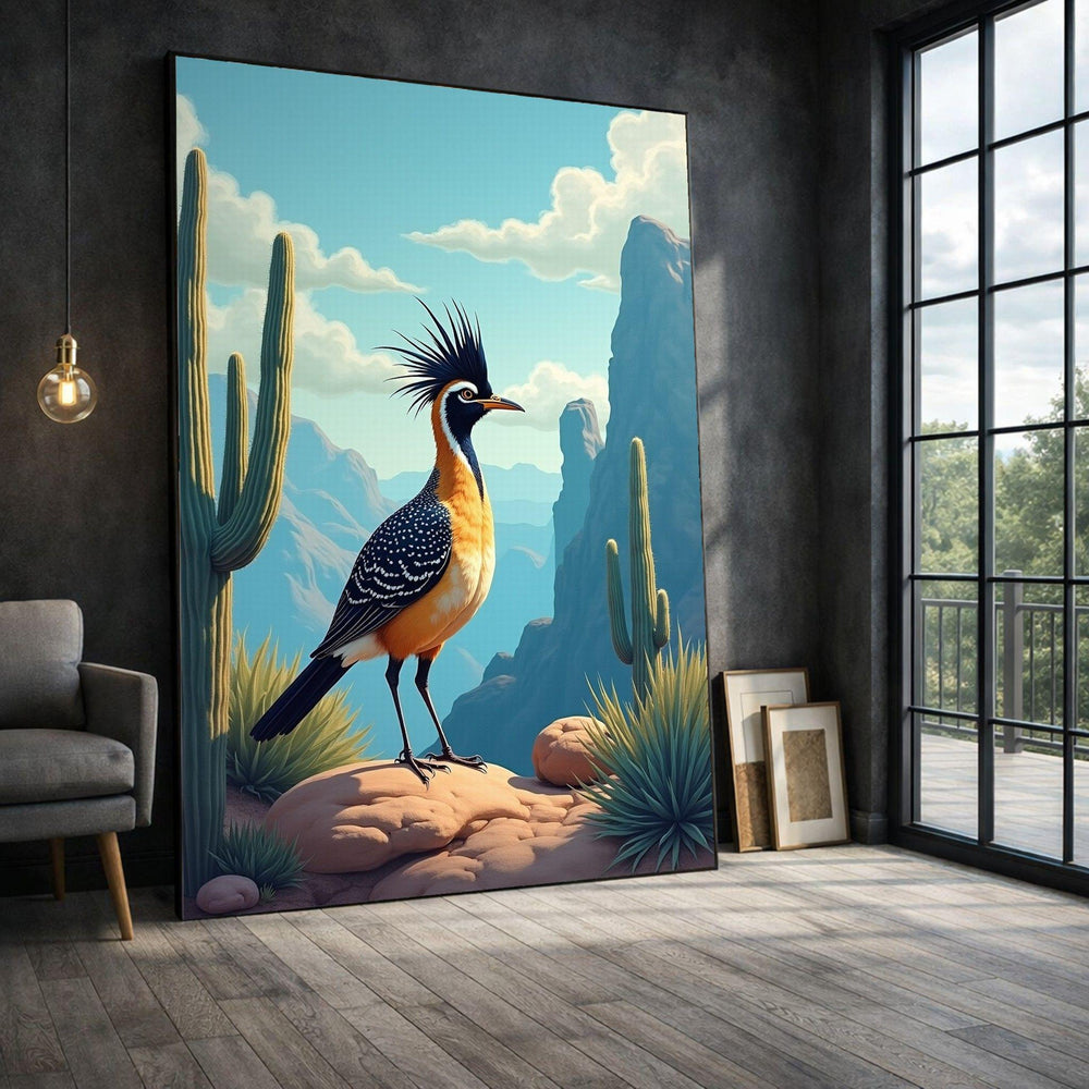 Roadrunner Framed Wall Art, Desert Landscape Canvas Print, Southwestern Living Room Decor