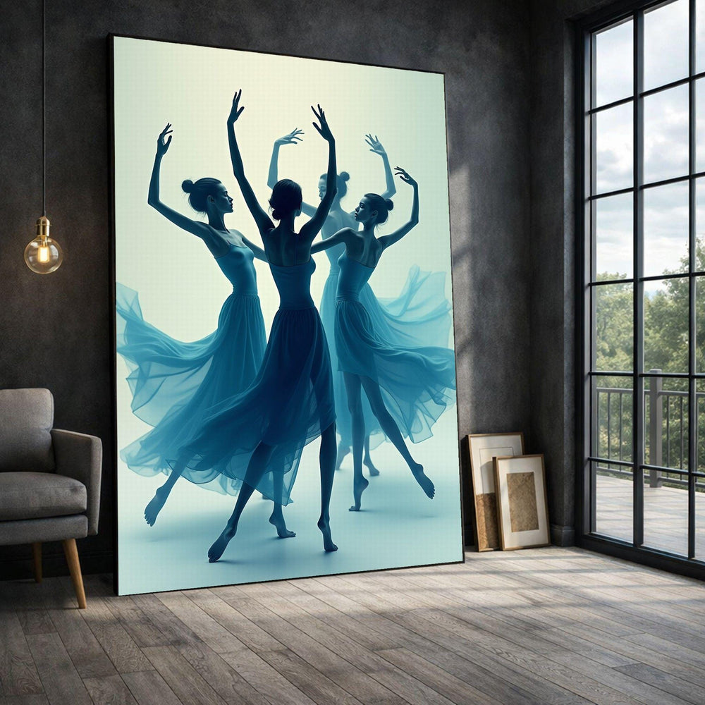 Ballet Dancers Framed Wall Art, Blue Silhouette Canvas Print, Dance Studio Living Room Decor