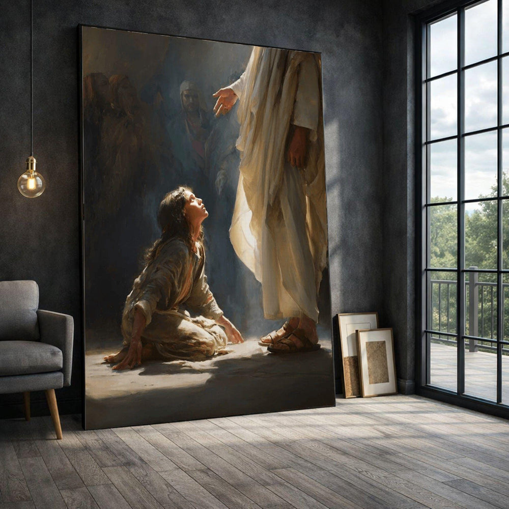 Biblical Figure Framed Wall Art, Divine Encounter Canvas Print, Spiritual Living Room Decor