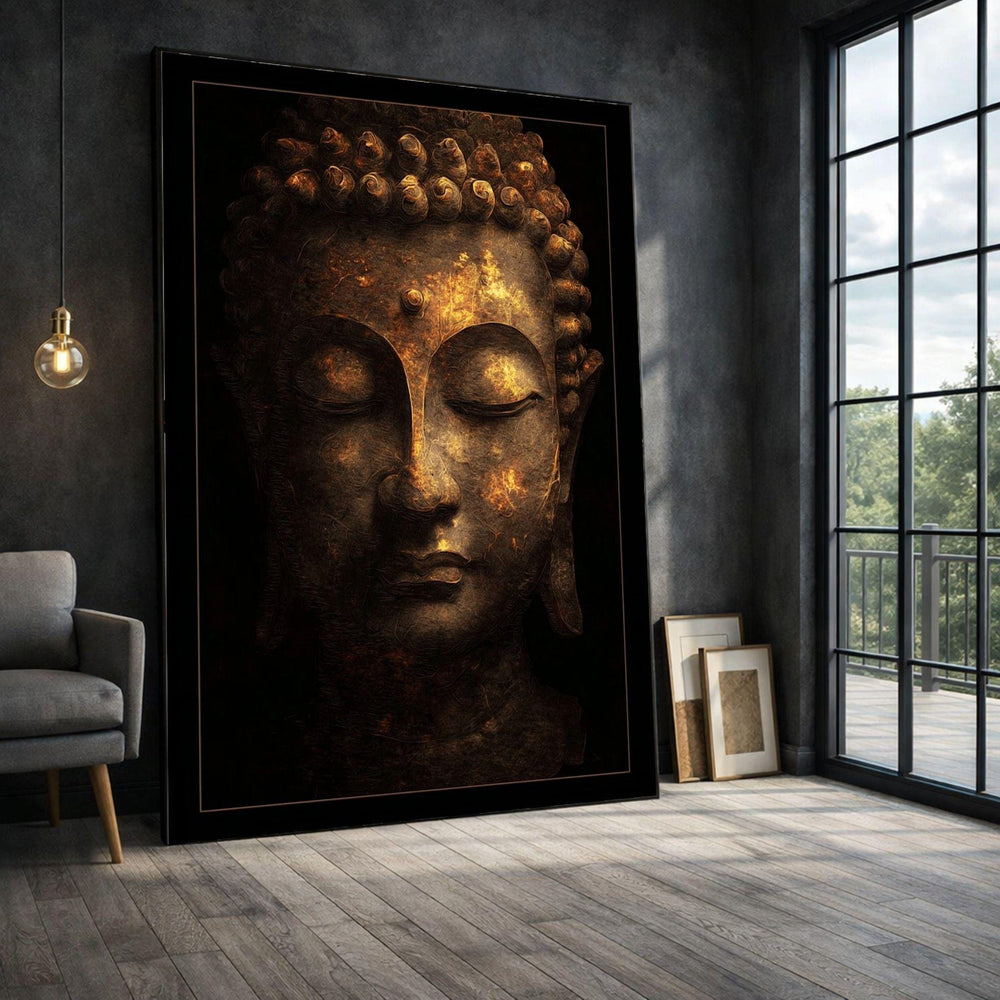 Buddha Meditation Golden Framed Wall Art, Zen Spiritual Canvas Print, Minimalist Living Room Decor