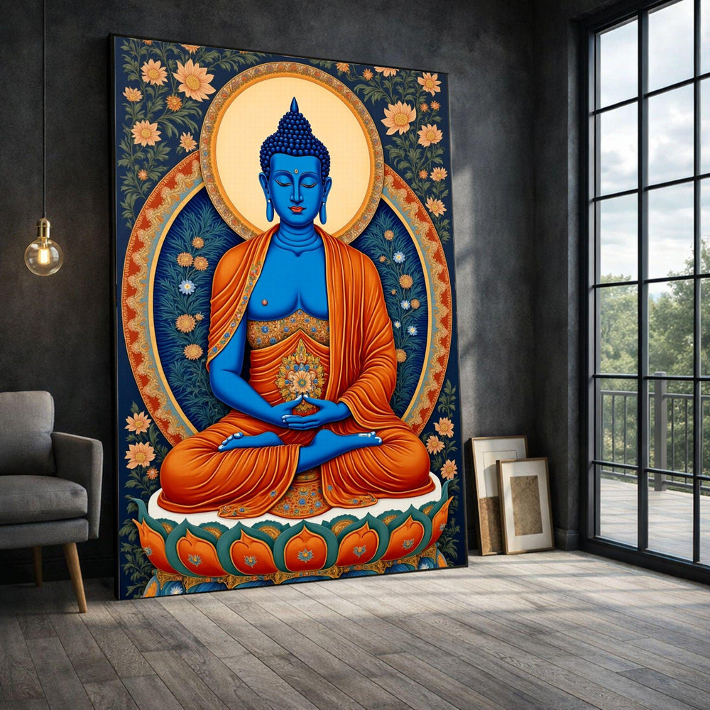 Buddha Meditation Blue Orange Framed Wall Art, Zen Spiritual Canvas Print, Minimalist Living Room Decor