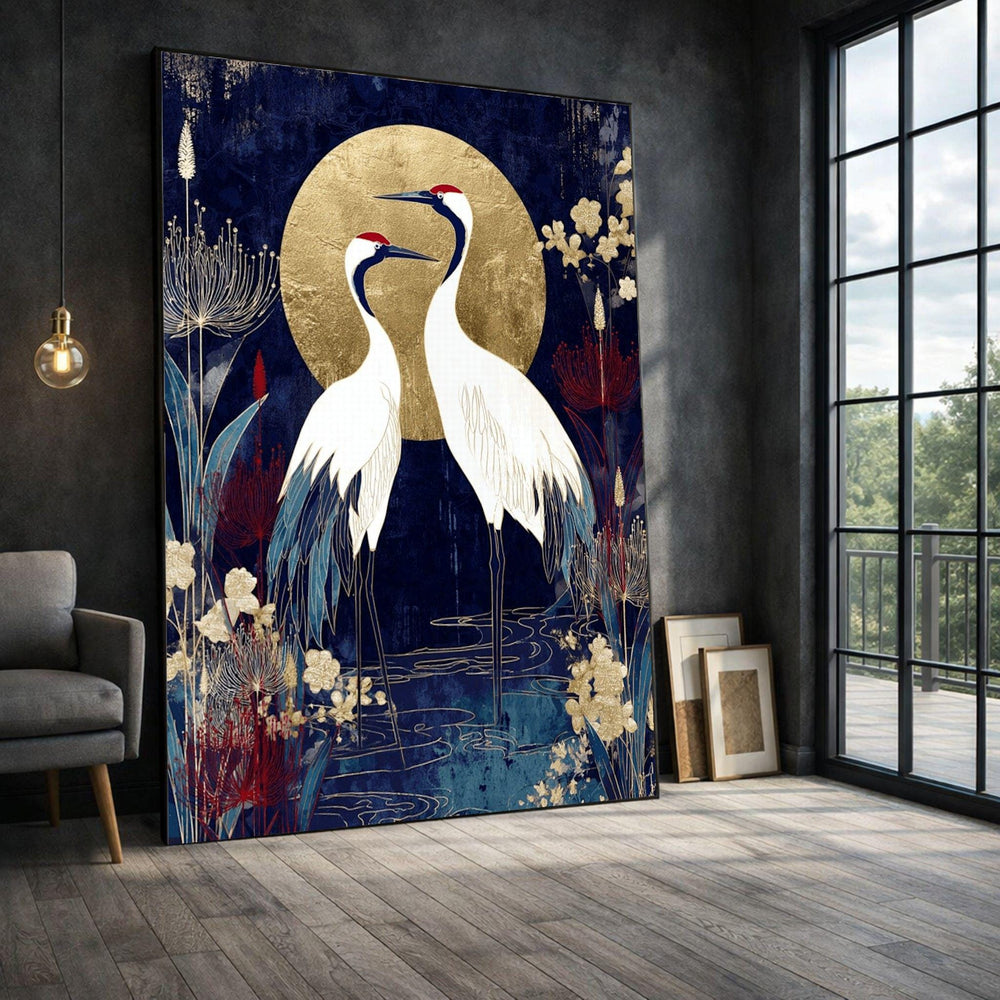 Japanese Crane Framed Wall Art, Gold Blue Floral Framed Wall Art, Oriental Living, Japanese Inspired Canvas Print