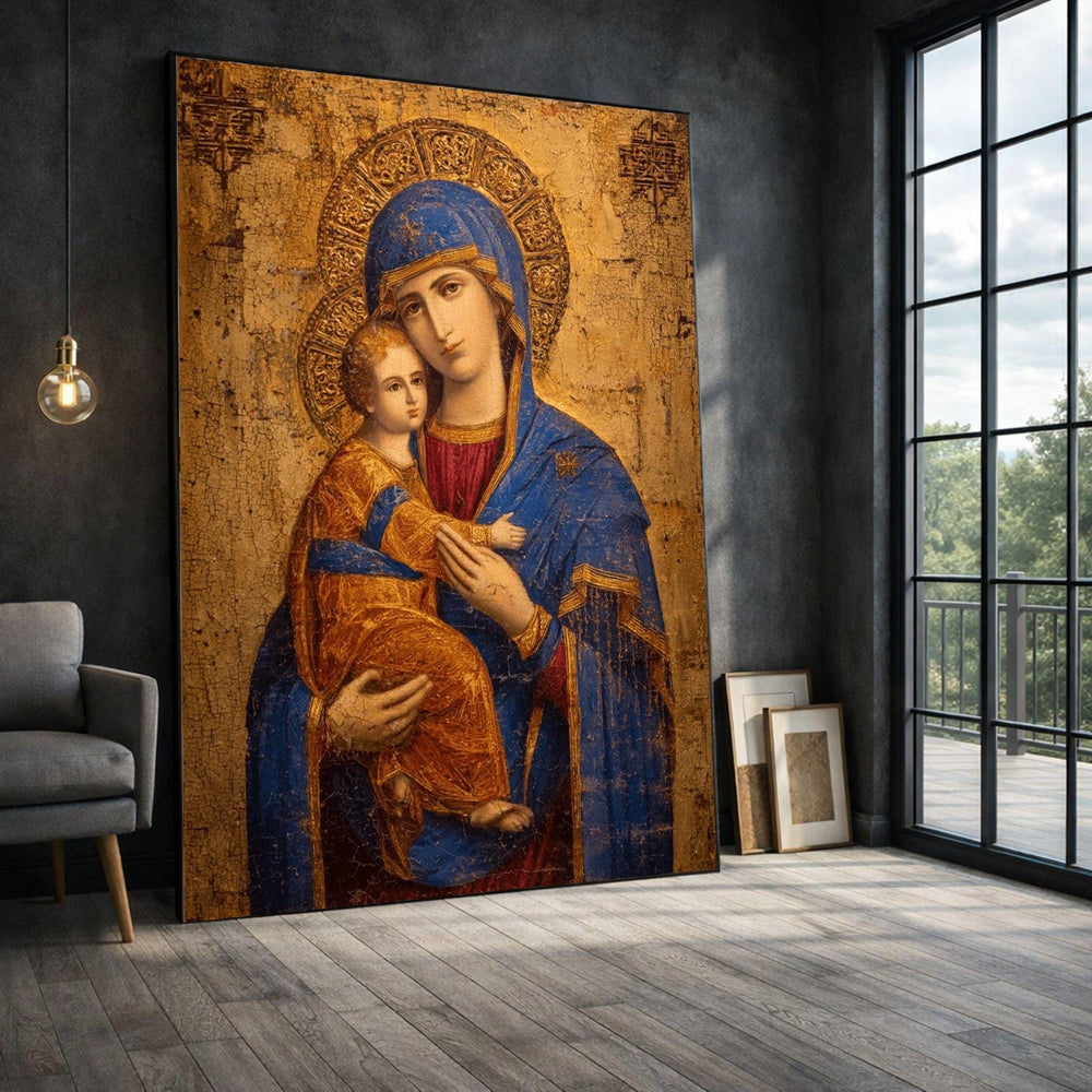 Byzantine Madonna and Child Framed Wall Art, Vintage Religious Icon Canvas Print, Orthodox Christian Decor
