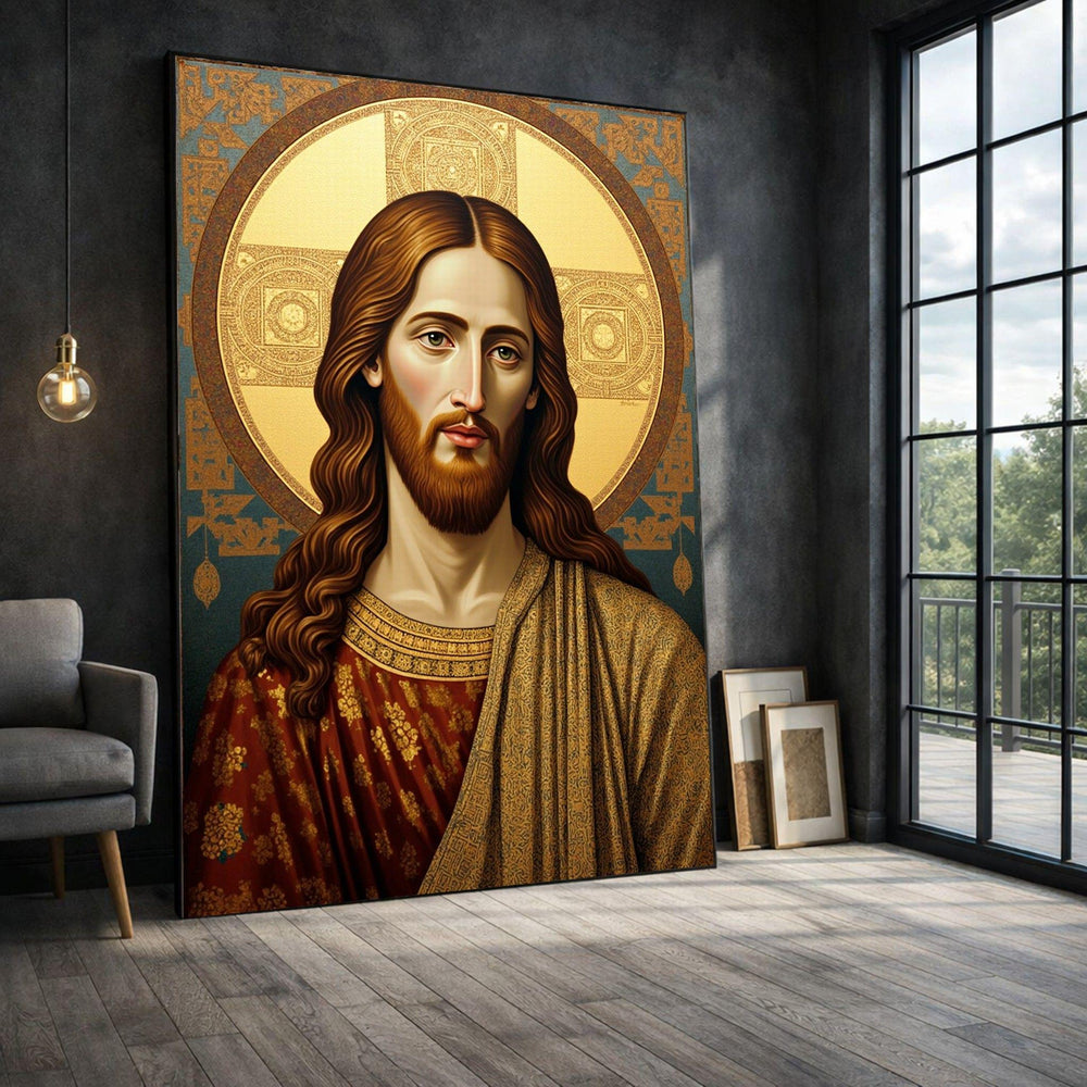 Jesus Icon Framed Wall Art, Gold Byzantine Canvas Print, Religious Living Room Decor