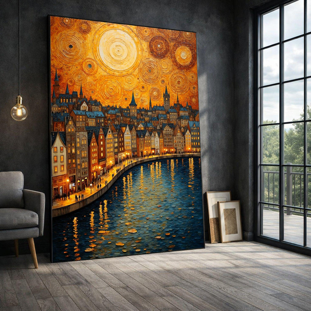 Medieval Cityscape Framed Wall Art, Orange Blue Night Canvas Print, Urban Living Room Decor