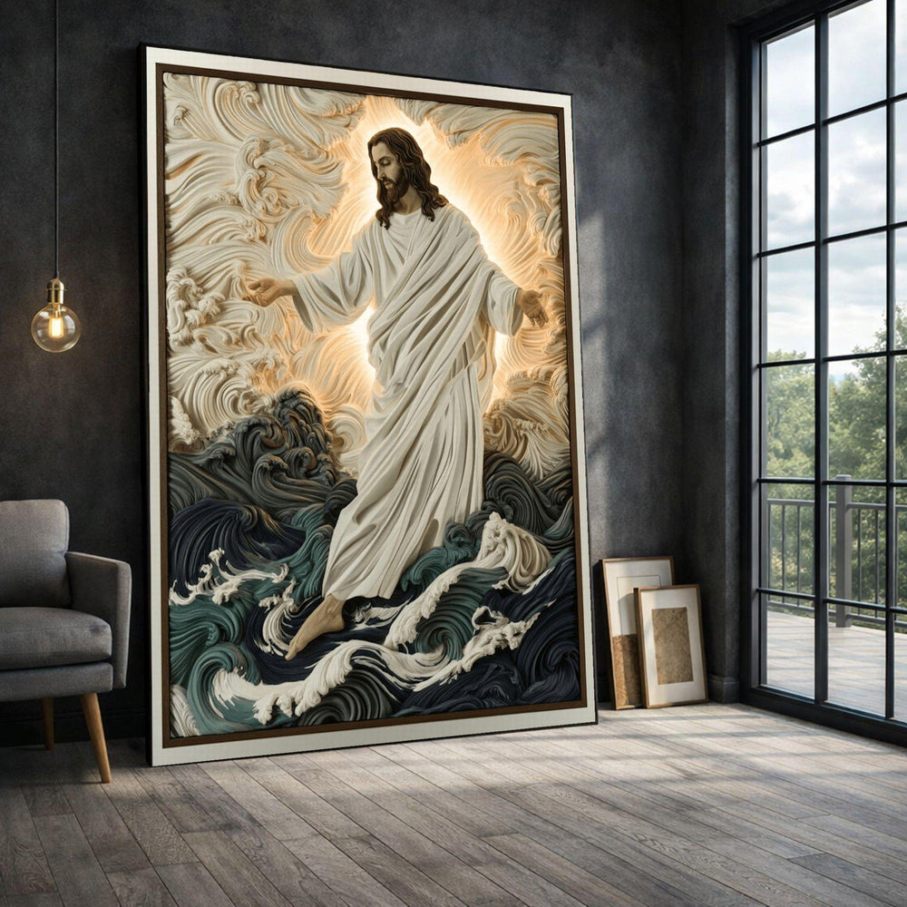 Jesus Walking on Water Framed Wall Art, Religious Canvas Print, Spiritual Living Room Decor