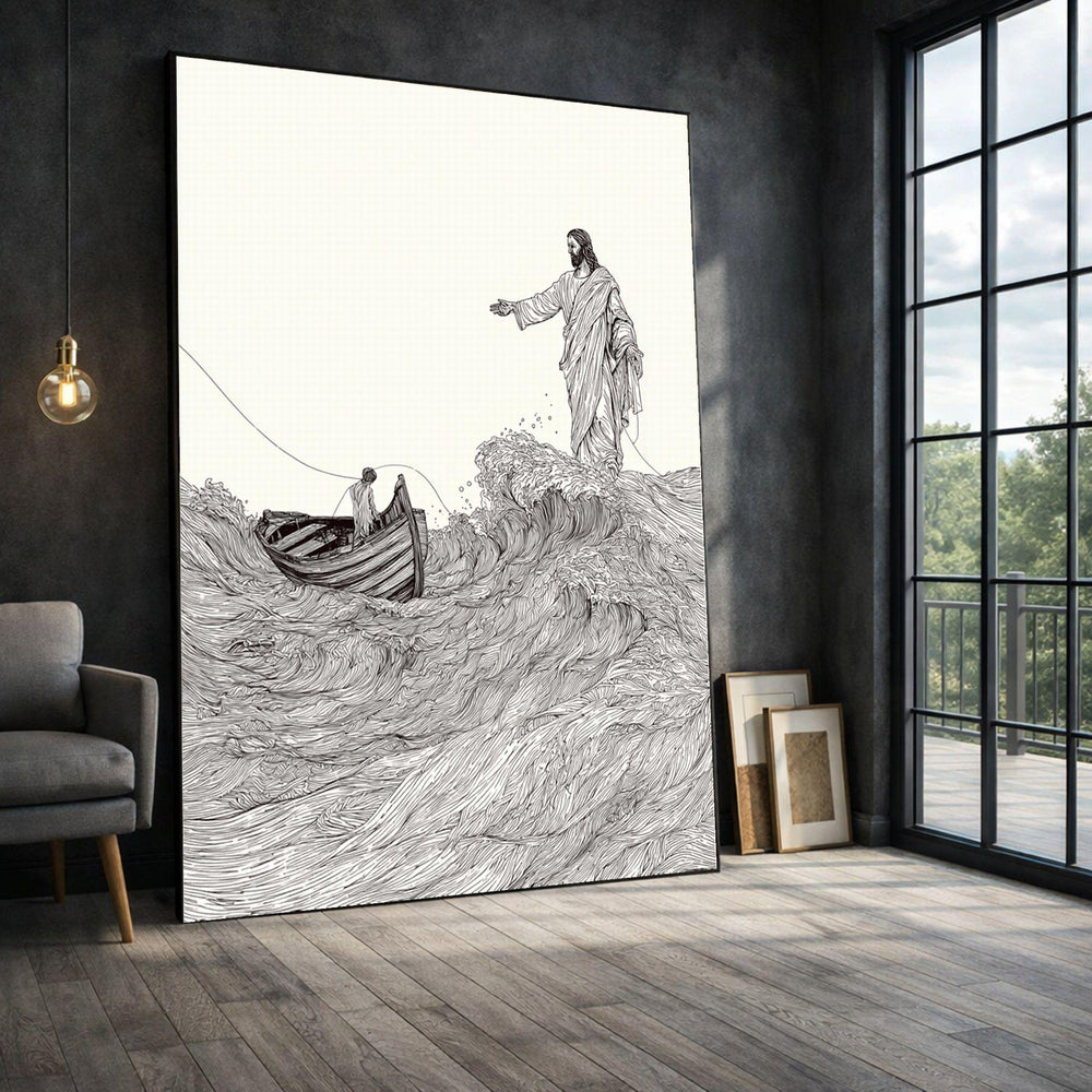 Jesus Walking on Water Framed Wall Art, Monochrome Religious Canvas Print, Sacred Living Room Decor