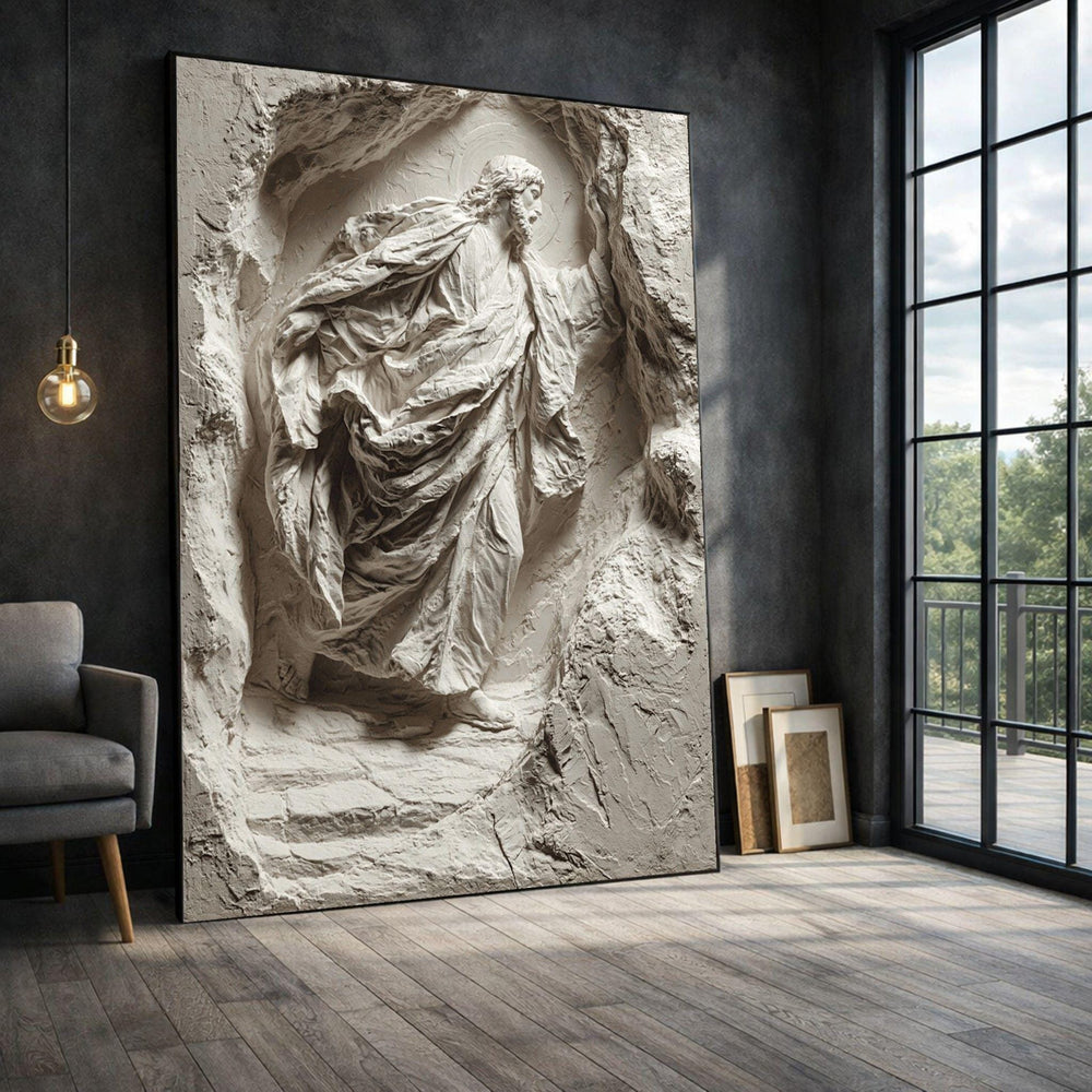 Jesus Sculpture Framed Wall Art, Relief Canvas Print, Religious Living Room Decor