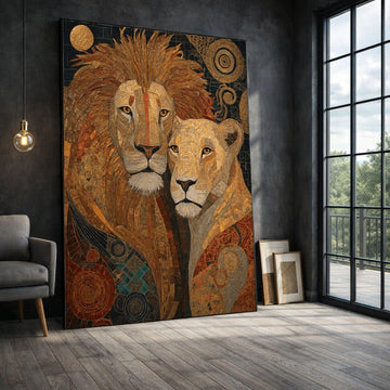 Image 1 of Lion Couple Framed Wall Art, Gold Earth Tones Canvas Print, Animal Living Room Decor