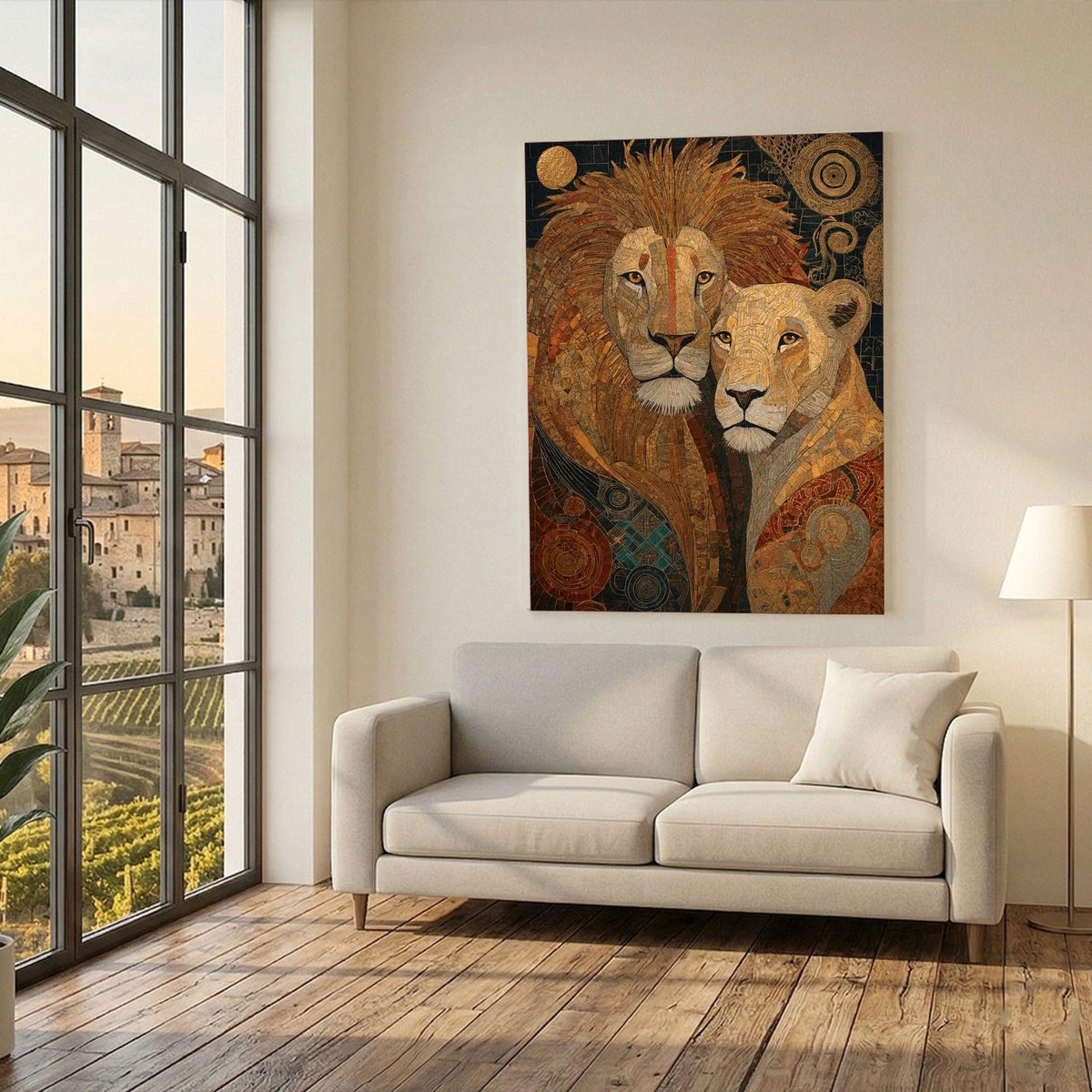 Image 2 of Lion Couple Framed Wall Art, Gold Earth Tones Canvas Print, Animal Living Room Decor