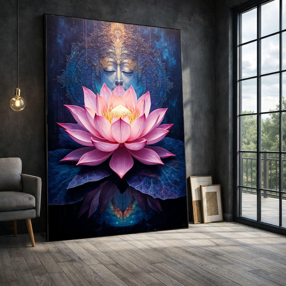 Buddha Lotus Flower Framed Wall Art, Pink Blue Meditation Canvas Print, Spiritual Living Room Decor