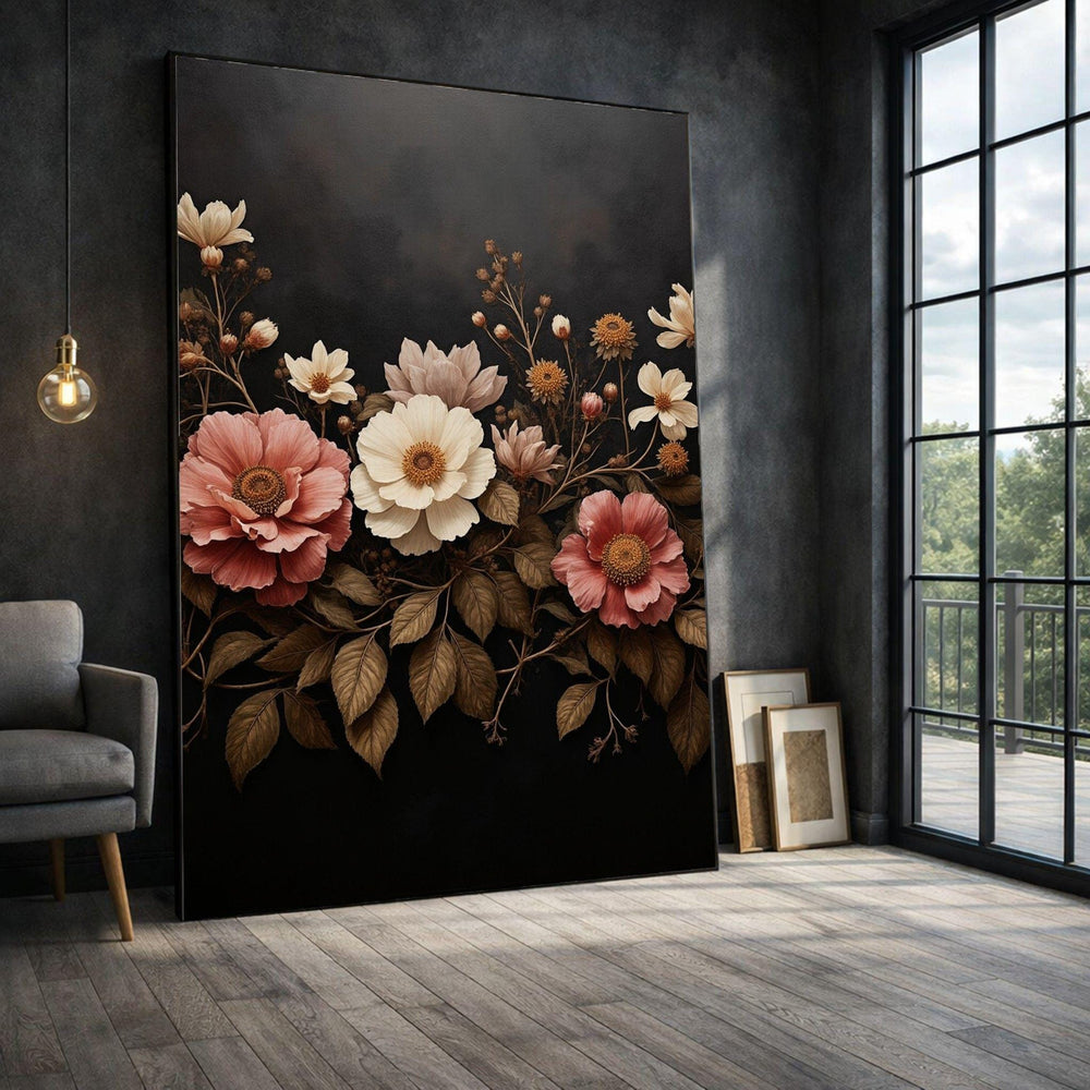 Vintage Floral Arrangement Framed Wall Art, Pink White Botanical Canvas Print, Classic Living Room Decor