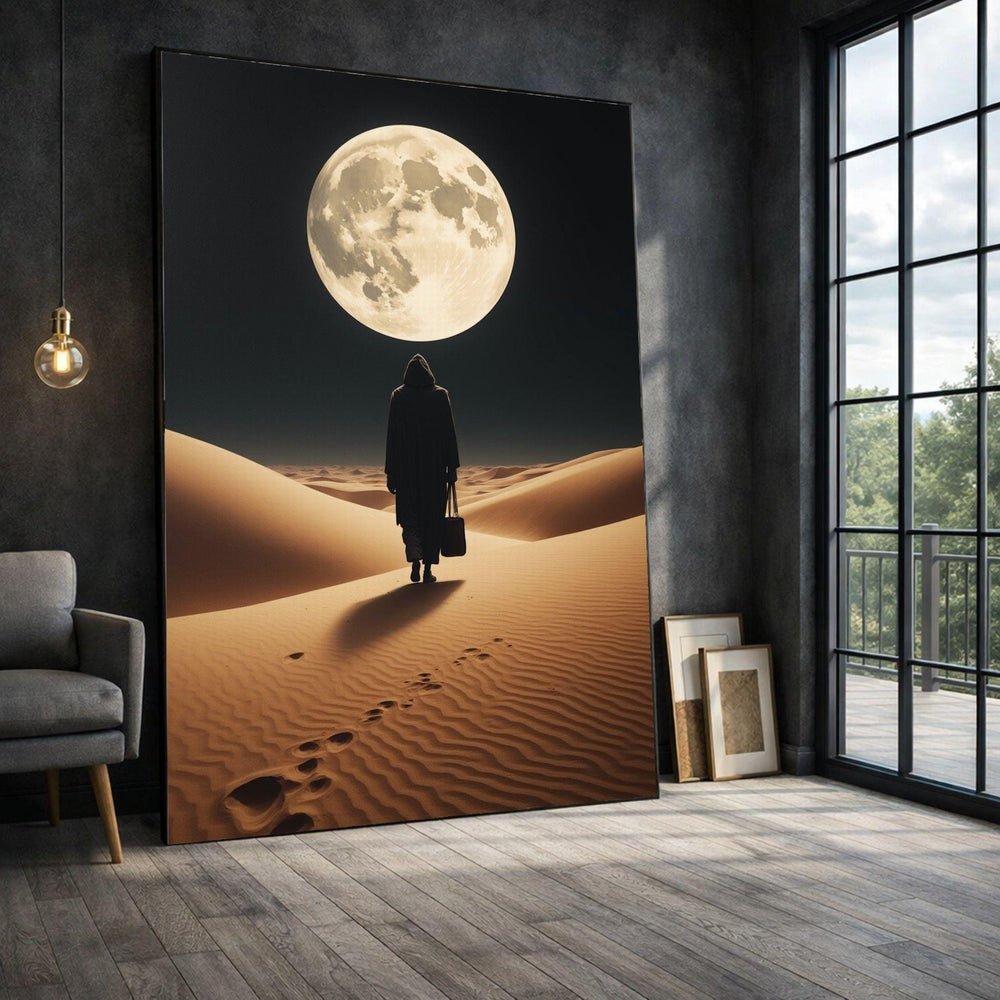 Desert Moonlight Walker Framed Wall Art, Golden Sand Dunes Canvas Print, Minimalist Living Room Decor