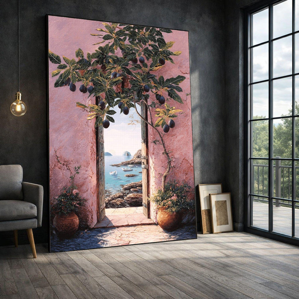 Mediterranean Coastal Doorway Framed Wall Art, Fig Tree Ocean View Canvas Print, Tuscan Living Room Decor