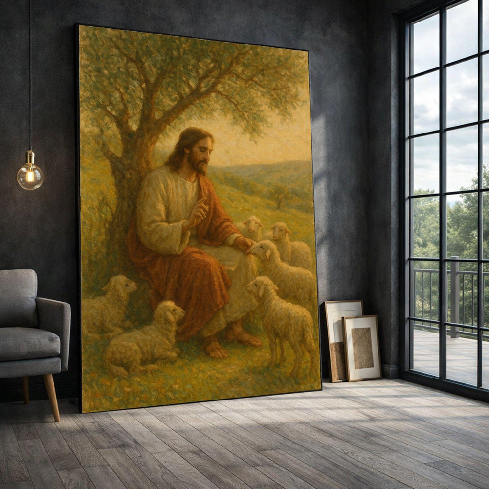 Jesus Shepherd Framed Wall Art, Pastoral Scene Canvas Print, Religious Living Room Decor