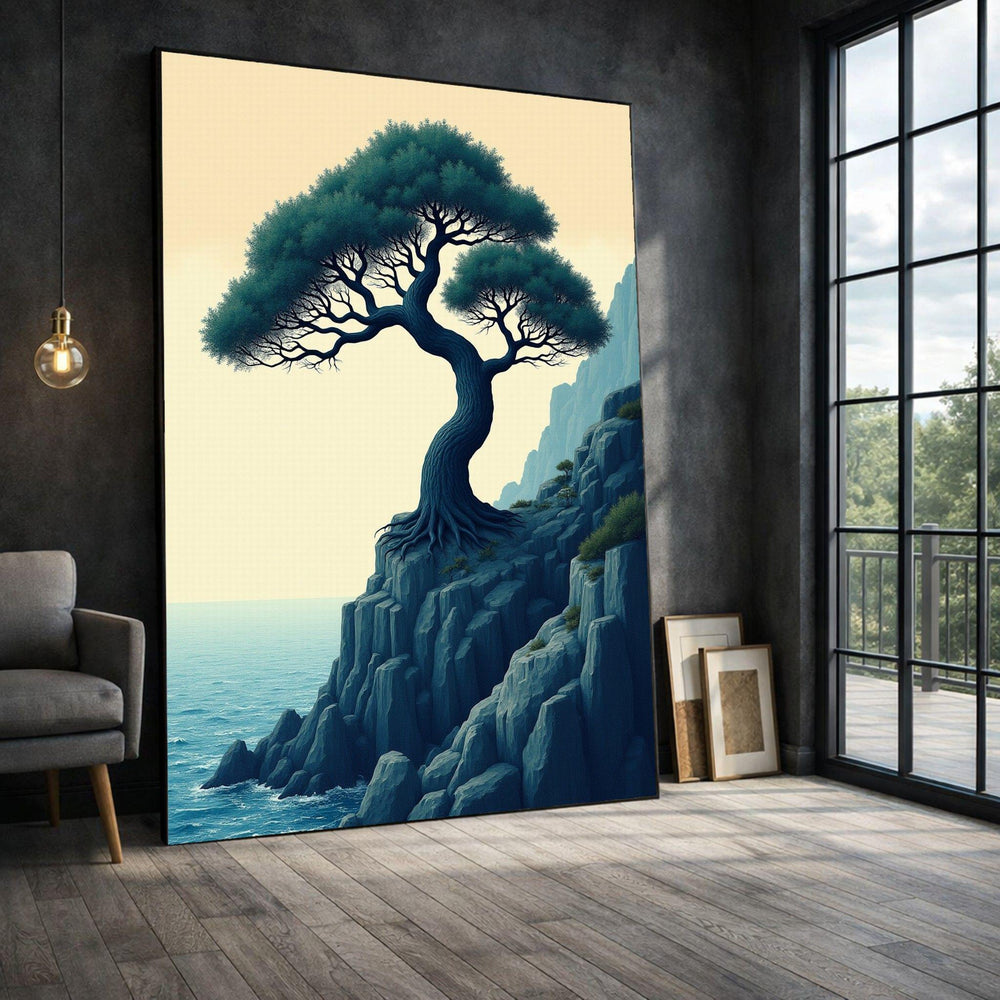 Coastal Tree Framed Wall Art, Blue Cliffside Canvas Print, Nature Living Room Decor