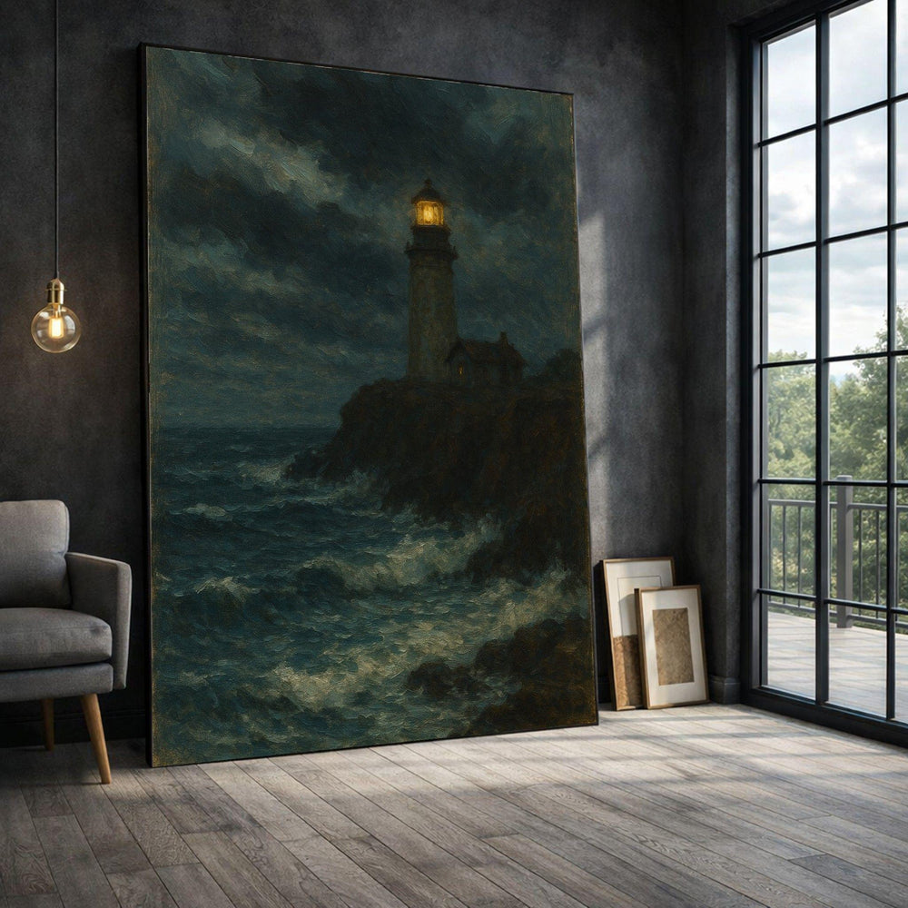 Lighthouse Stormy Sea Framed Wall Art, Dark Ocean Canvas Print, Coastal Living Room Decor