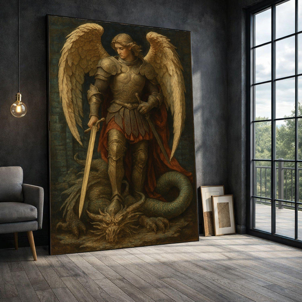 Archangel Michael Framed Wall Art, Medieval Warrior Canvas Print, Religious Living Room Decor