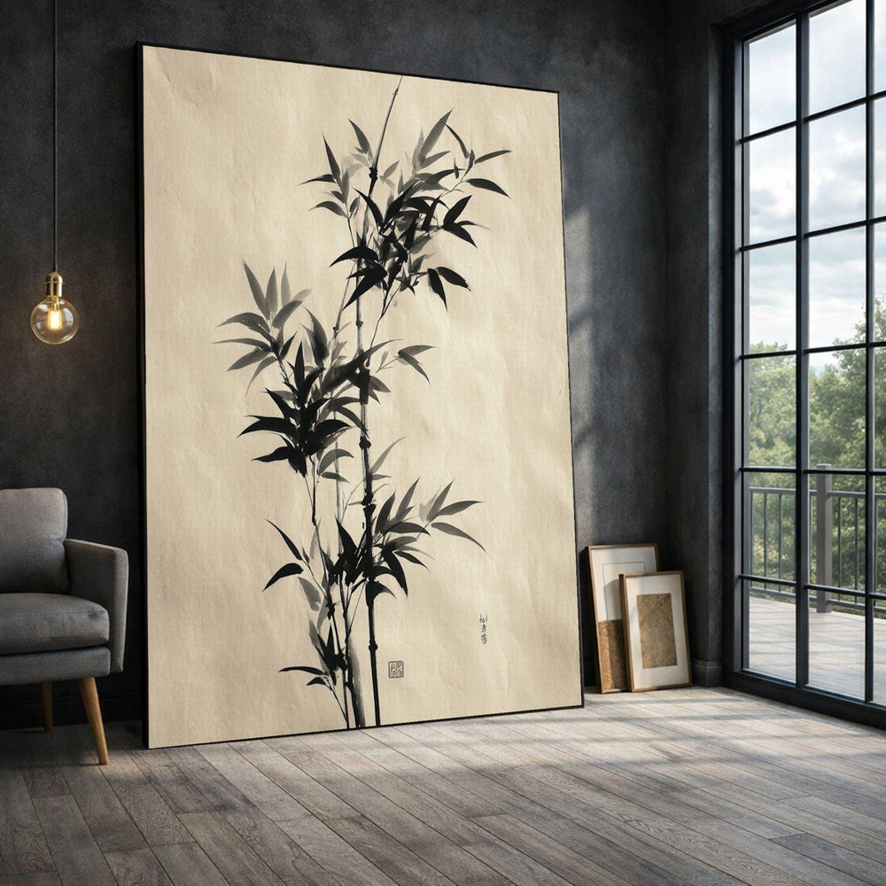 Minimalist Bamboo Framed Wall Art, Monochrome Botanical Canvas Print, Zen Living Room Decor