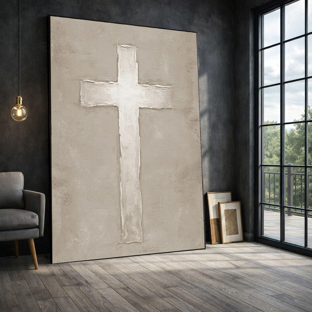 Cross Framed Wall Art, Neutral Framed Wall Art, Farmhouse Living Room Decor, Modern Art Canvas Print, Rustic Farmhouse Living Room Decor