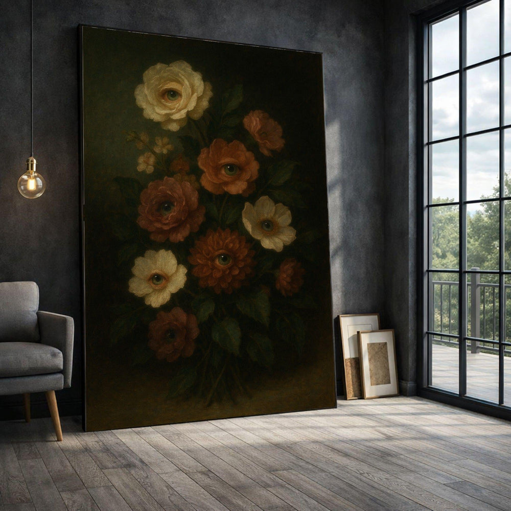 Surreal Floral Eye Framed Wall Art, Vintage Botanical Canvas Print, Eclectic Living Room Decor