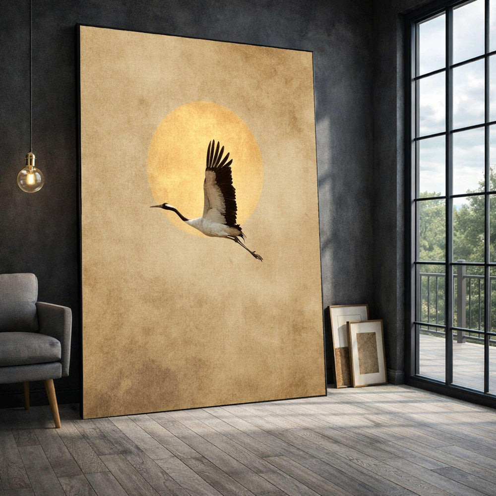 Crane Golden Sun Framed Wall Art, Minimalist Framed Wall Art, Living Room Decor, Modern Art Canvas Print, Minimalist Modern Bedroom Decor