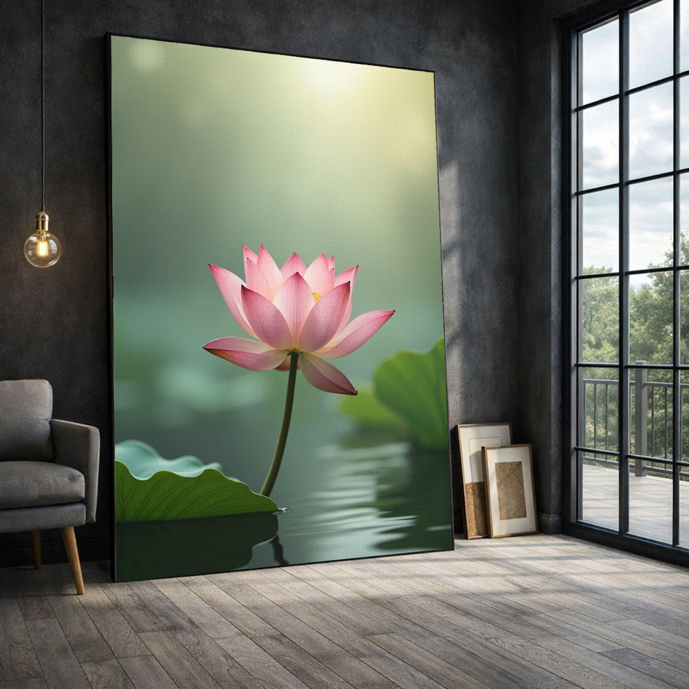 Lotus Blossom Framed Wall Art, Pink Green Tranquil Canvas Print, Botanical Living Room Art