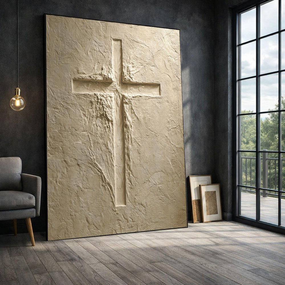 Stone Texture Cross Framed Wall Art, Beige Religious Canvas Print, Living Room Decor