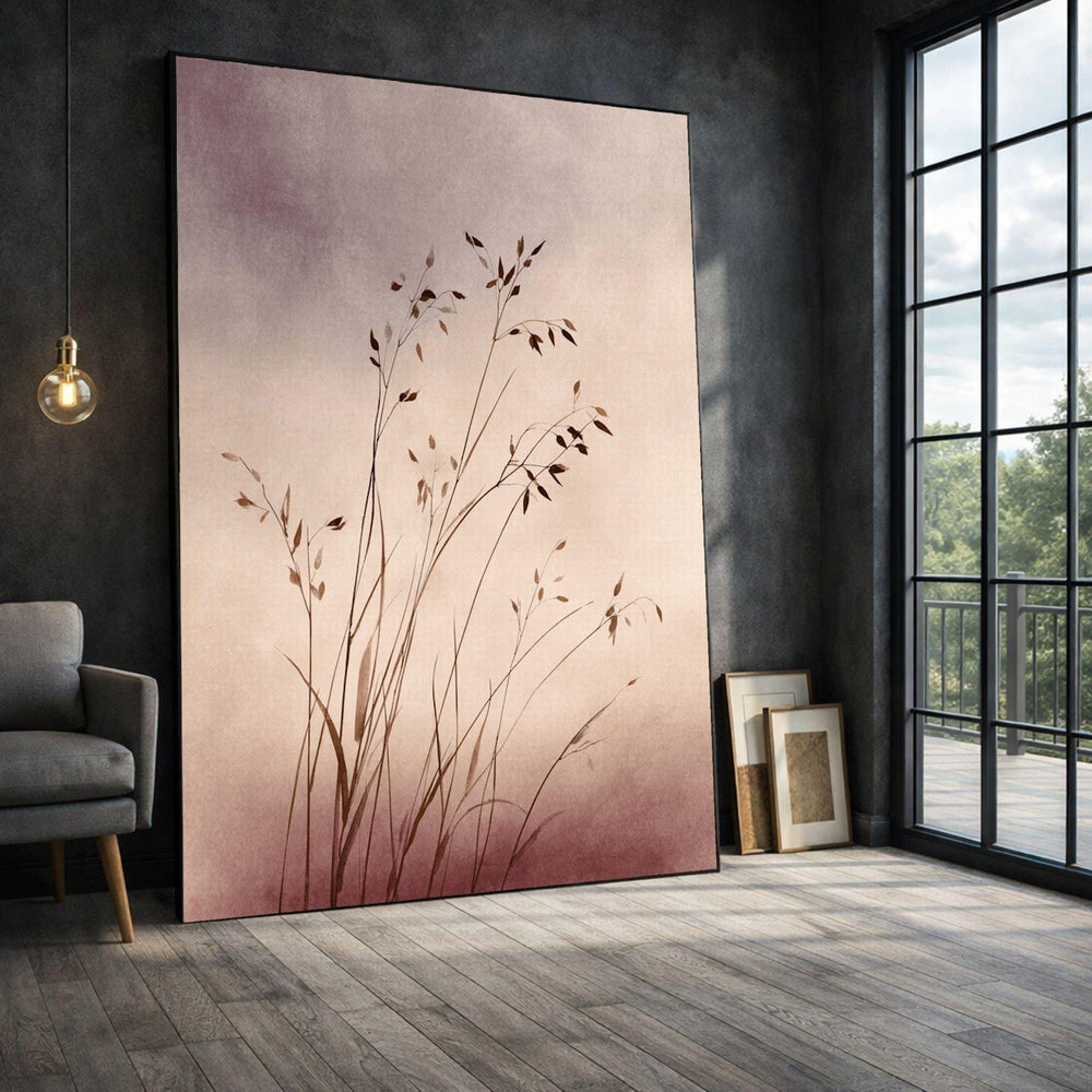 Minimalist Grass Framed Wall Art, Pink Botanical Canvas Print, Living Room Decor