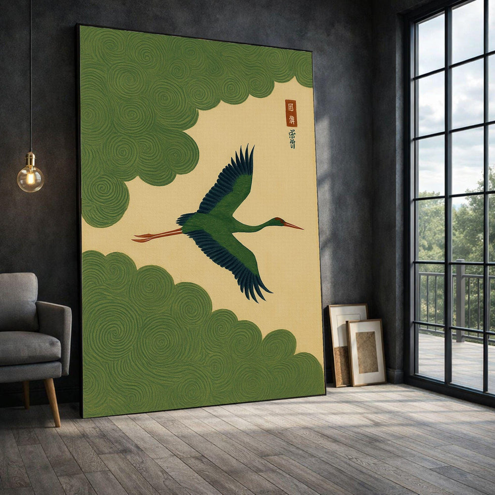 Japanese Crane Framed Wall Art, Green Cloud Framed Wall Art, Asian Inspired Living, Japanese Inspired Canvas Print